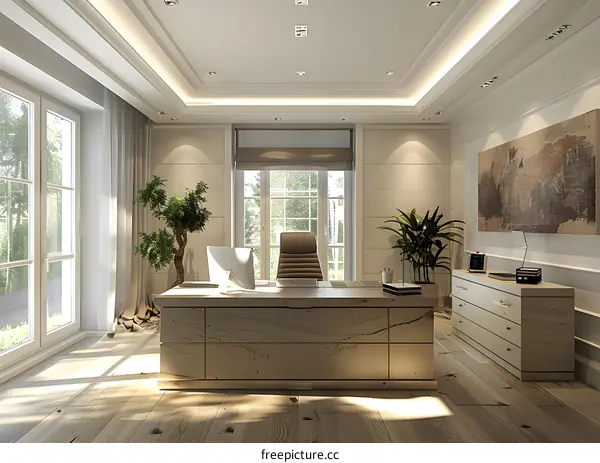 Office interior design with wooden desk, comfortable chair and large windows