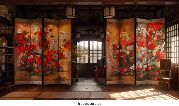 Japanese style room with sliding doors and flower paintings