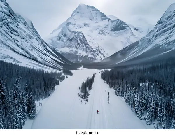 Aerial View of a Person Cross Country Skiing in the Snowy Mountains