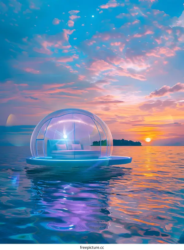 Futuristic Bubble House on Water at Sunset