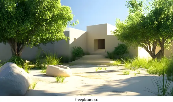 Minimalist Modern House with Lush Green Trees and Rocks