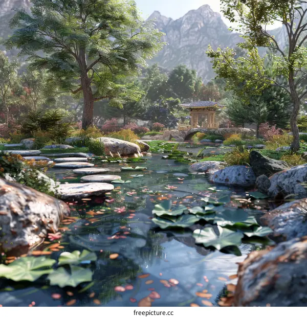 Tranquil Japanese Garden with Stepping Stones and Bridge