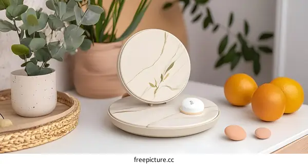 Marble Patterned Makeup Mirror On White Table With Oranges