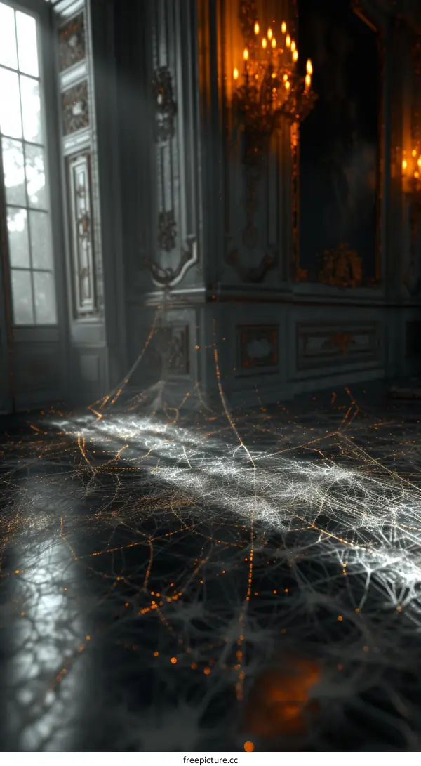 Glowing spider web covers the floor of a grand hall
