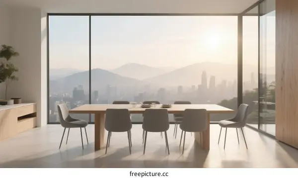 Modern Dining Room with Large Glass Windows Overlooking City Skyline