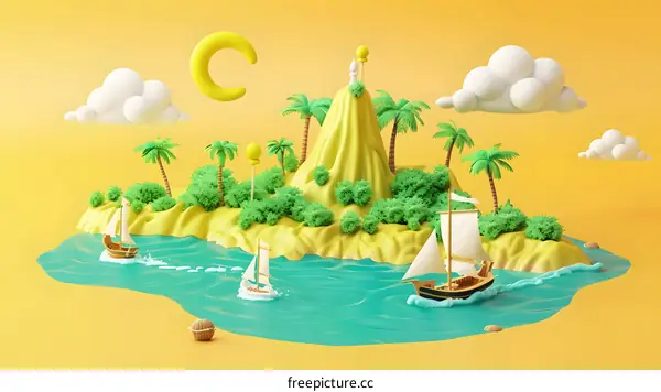 3D Illustration of a Tropical Island with Sailboats and Palm Trees