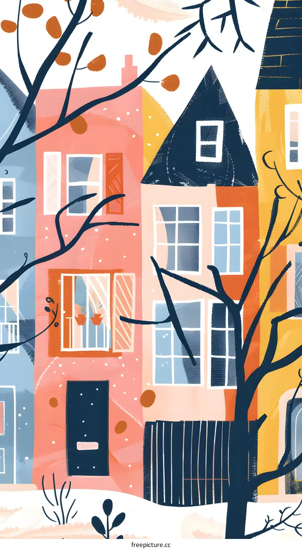 Colorful Illustration Of Houses With Trees And Snow