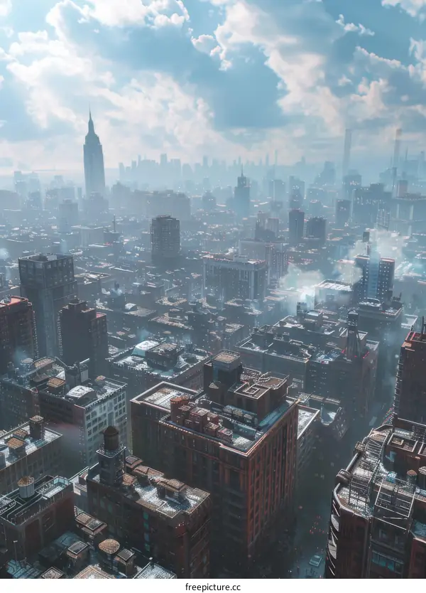 Metropolis with Towering Skyscrapers in Dense Smog