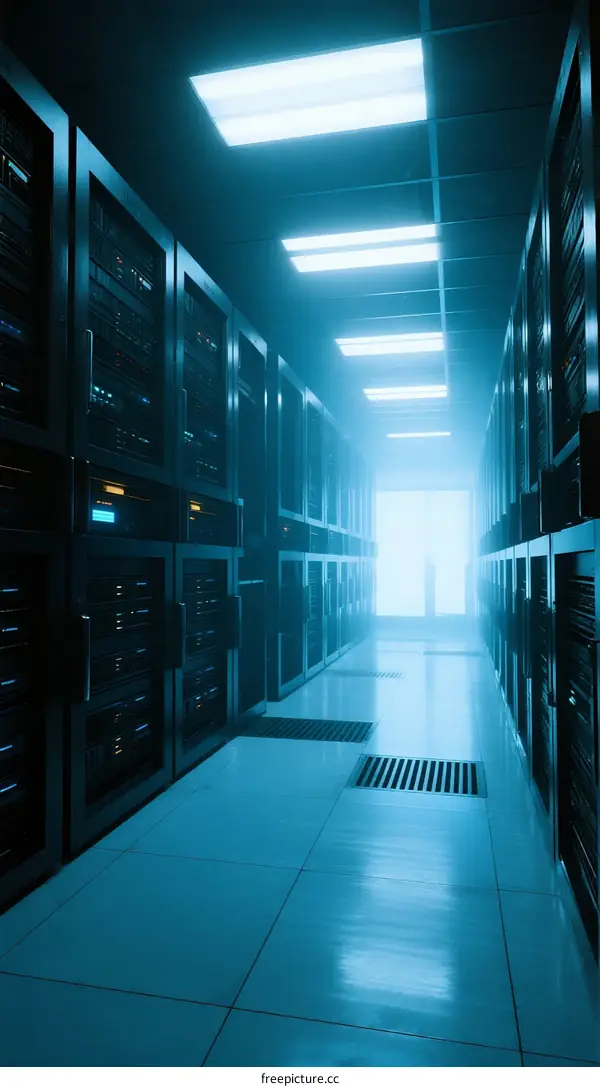 Server Room with Rows of Rack Mounted Servers and Bright Lighting