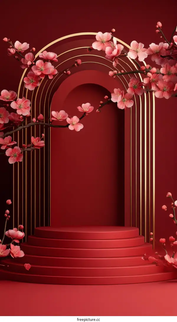 Red Podium Stage with Blooming Cherry Blossoms
