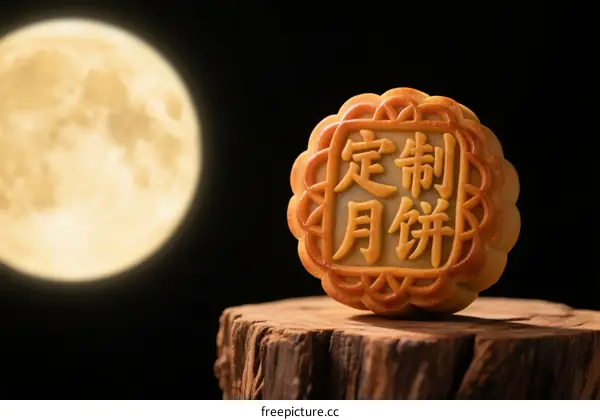 Custom mooncake with full moon in the background for Mid-Autumn Festival