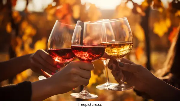 Friends toasting with wine glasses in a vineyard during autumn