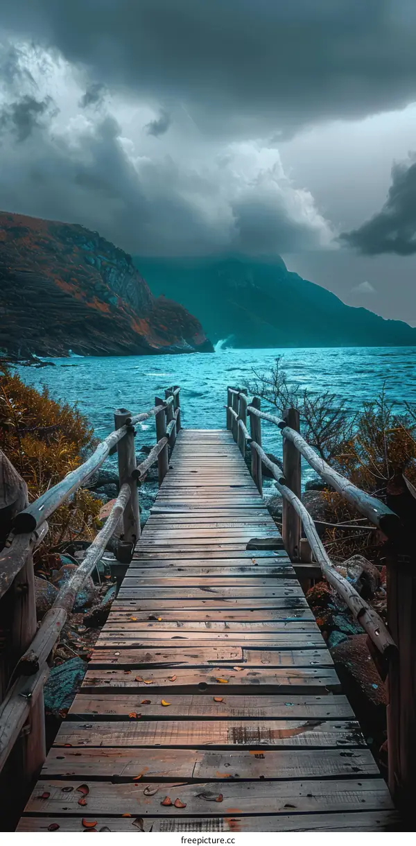 Wooden Dock Extending into Stormy Ocean Amidst Towering Mountains