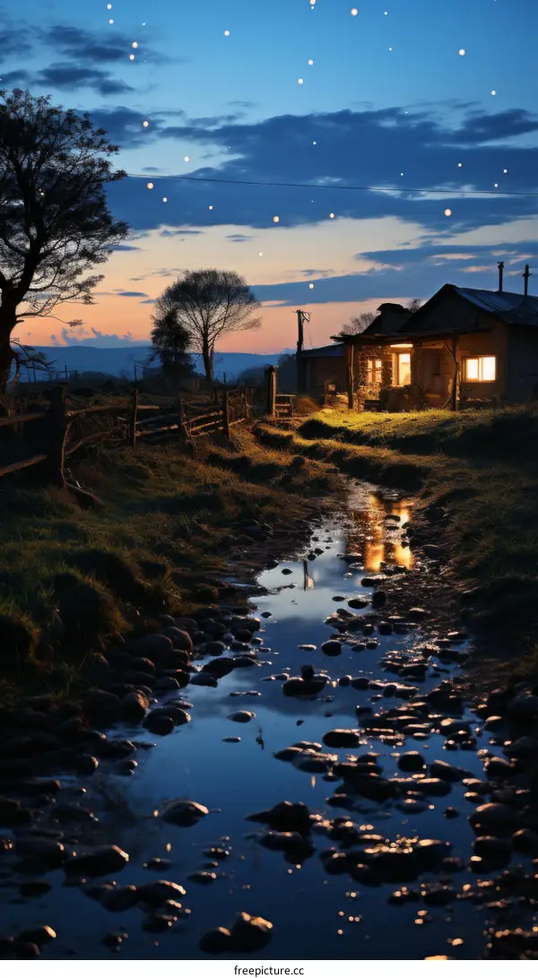 Wooden House in Countryside Tranquil Night Sky