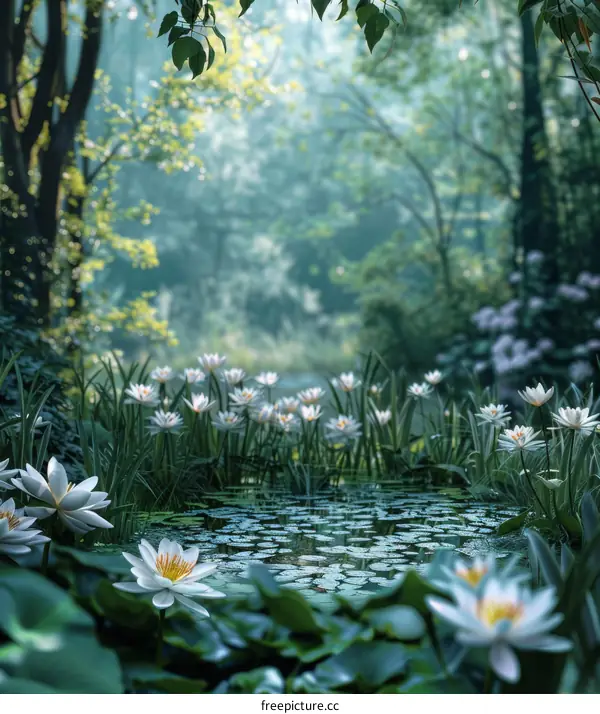 Mystical pond in a dense forest with white lotuses