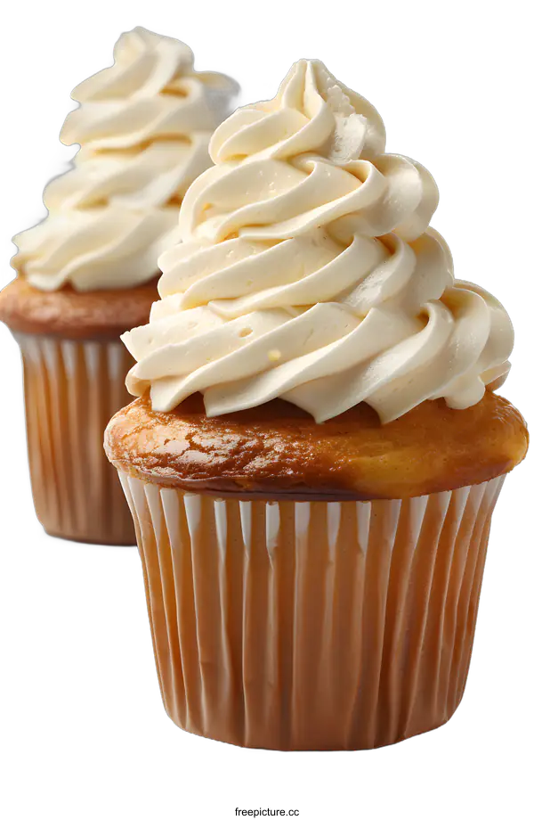 [Transparent Background PNG]Two cupcakes with vanilla frosting