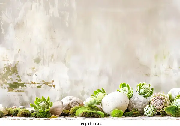 Green Plants and Stones on a Beige Wall Background