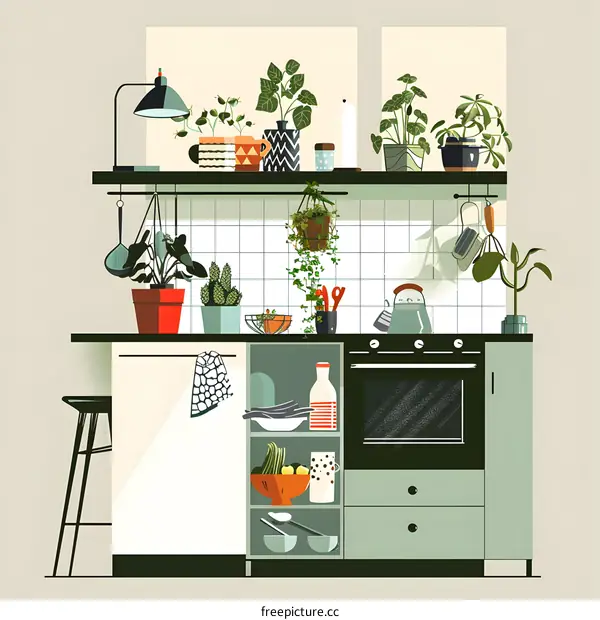 Modern Kitchen Illustration with Plants and Kitchenware