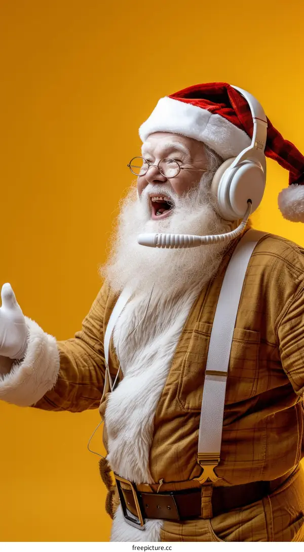 Santa Claus wearing headphones and suspenders while giving a thumbs up