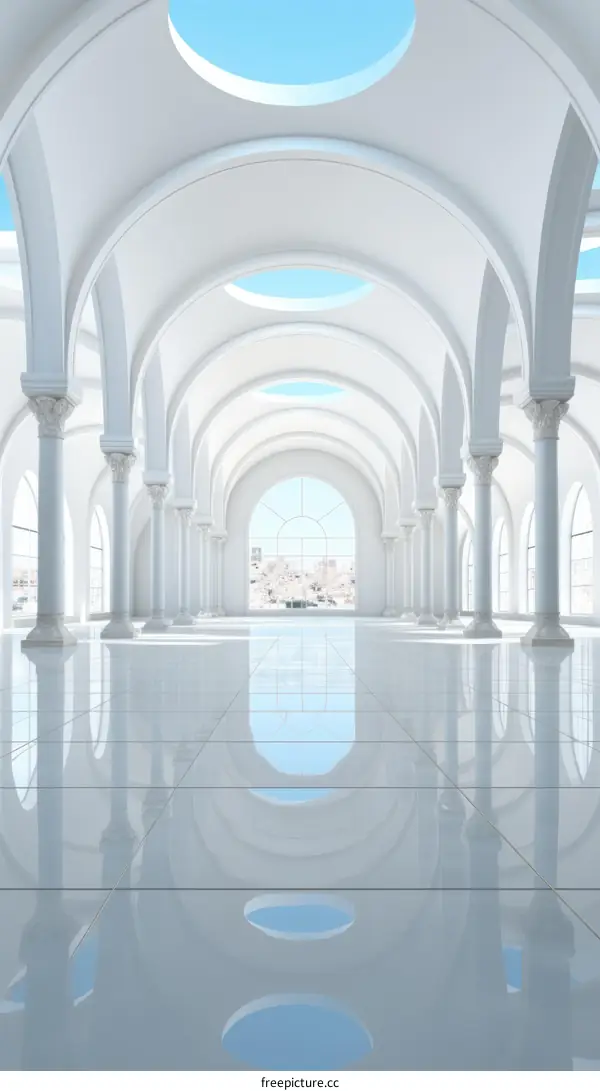 Reflective Palace Interior with Shiny Floor and Giant Arched Windows