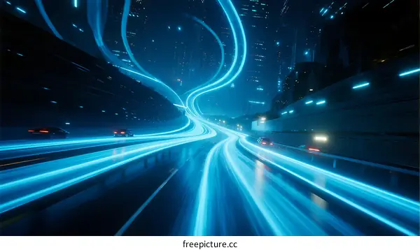 Futuristic city highway with light trails at night