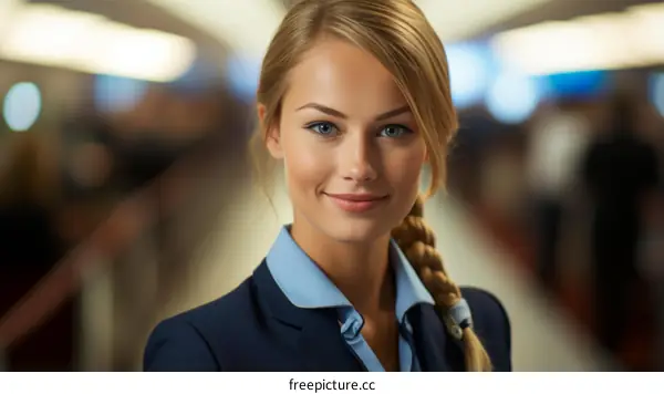 Portrait of a professional blonde woman wearing a blue suit