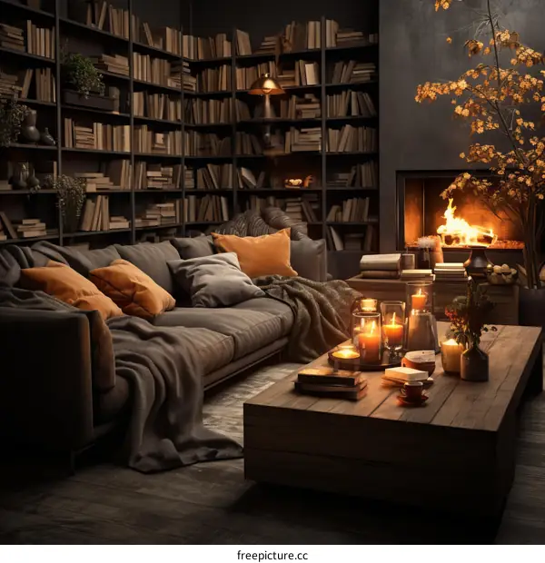 Cozy Living Room with Fireplace and Library