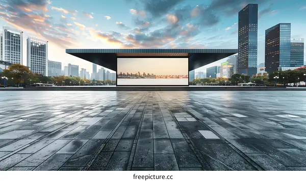 Empty Square with Big Screen in City Skyline