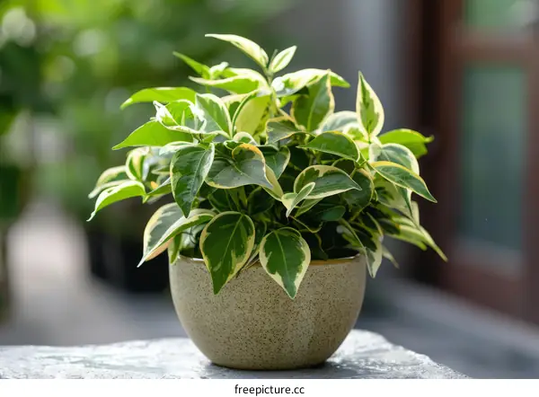 Small Potted Plant with Green and White Leaves on Stone Surface