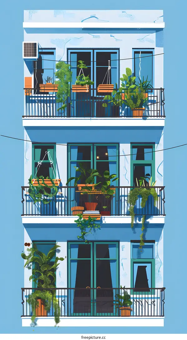 Blue Building With Three Balconies And Many Plants