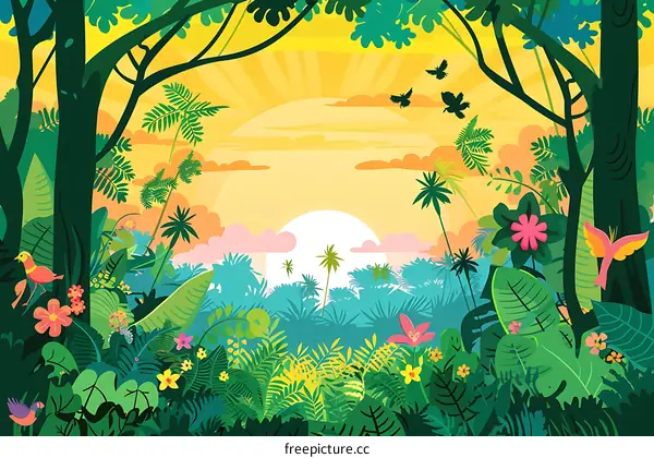 Jungle Landscape With Sunset and Birds