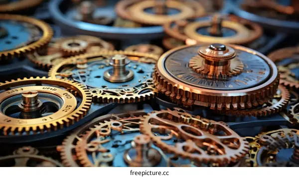 An illustration of a variety of steampunk gears and cogs