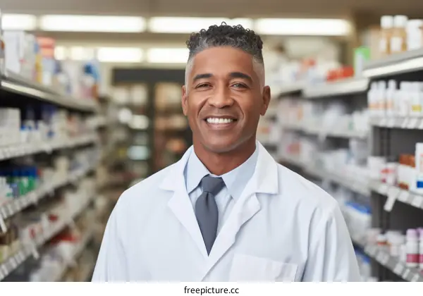 Portrait of a smiling African American male pharmacist wearing a lab coat and tie