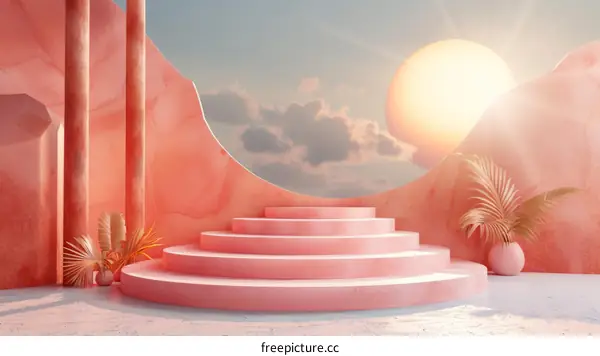 Pink Sunset Podium Scene with Steps