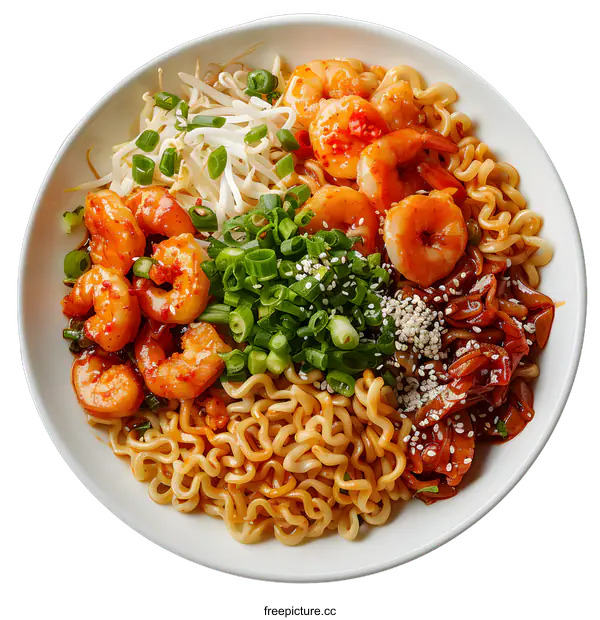[Transparent Background PNG]bowl of spicy korean instant noodles with shrimps, kimchi and green onion
