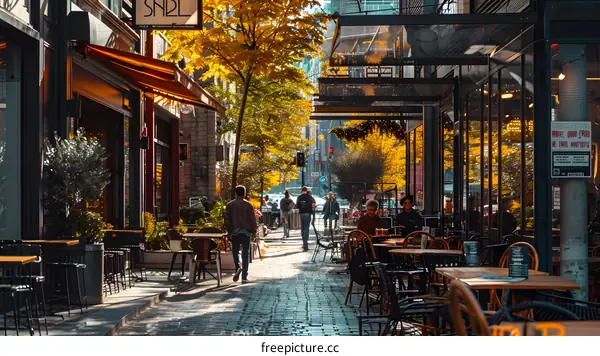 Outdoor Cafe in City Street with Fall Foliage