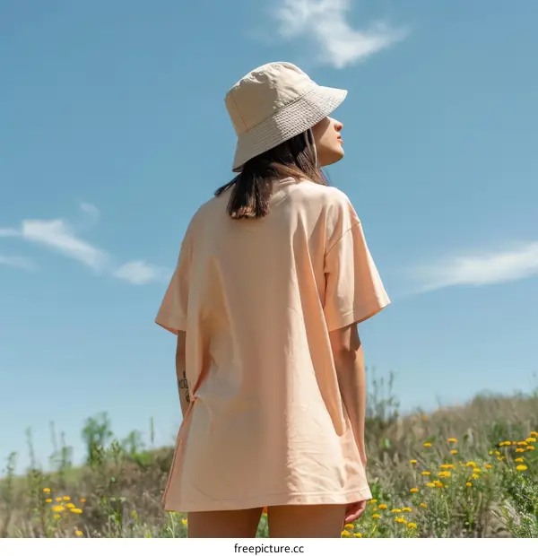 A girl wearing a bucket hat is standing in a field of yellow flowers