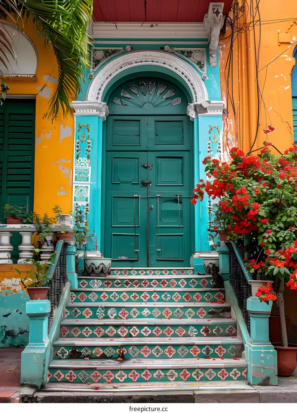 A colorful door with a green door and a red flower bush in front of it