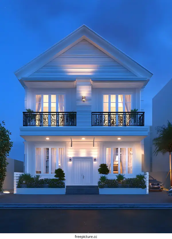 White Two Story House With Balconies at Night