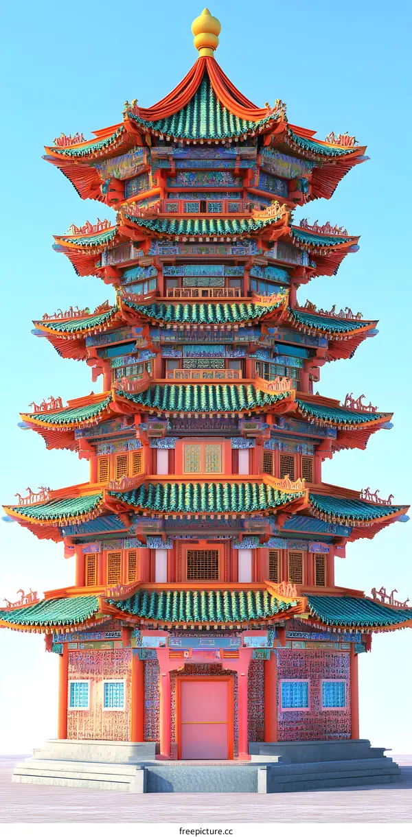 Traditional Chinese Pagoda Architecture with Colorful Details