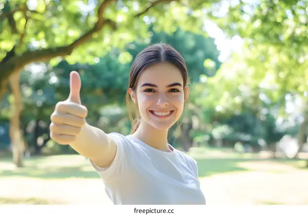 Smiling Woman Giving Thumbs Up in Park