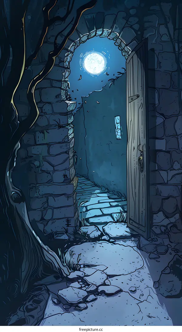 Nighttime View of a Stone Archway and Open Door with a Moon in the Sky