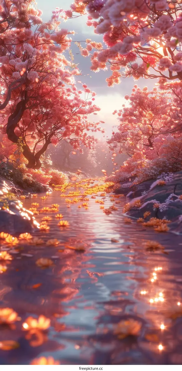 Pink Blossom Trees and a Meandering River