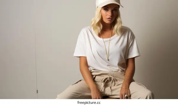 Portrait of a young blonde woman in a white shirt and beige pants sitting on a stool