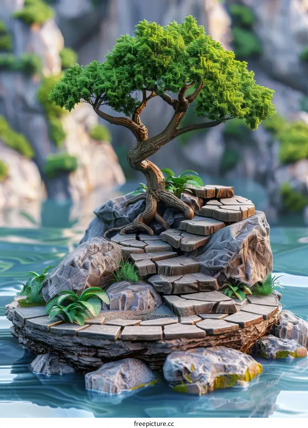 Small Tree Growing on Rocky Islet in the Middle of a Lake