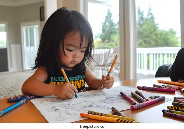 Young Asian Girl Coloring with Crayons at a Table
