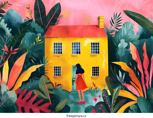 A woman standing in front of a yellow house