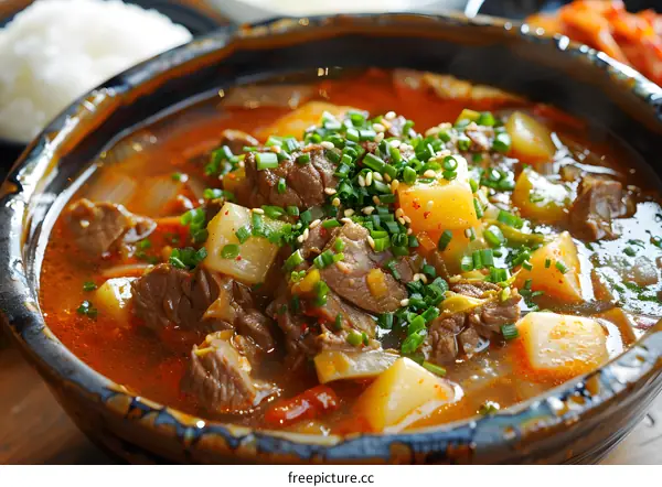 A bowl of Korean beef soup with rice and kimchi