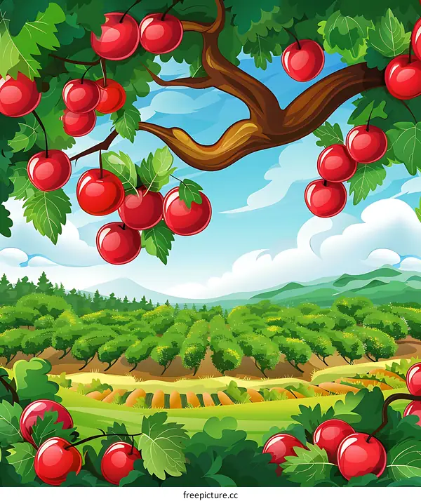 Cherry Orchard Landscape Illustration