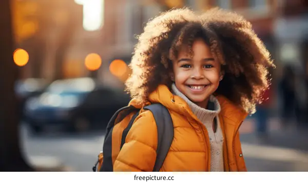 Portrait of a smiling young girl with curly hair wearing a yellow jacket and a backpack